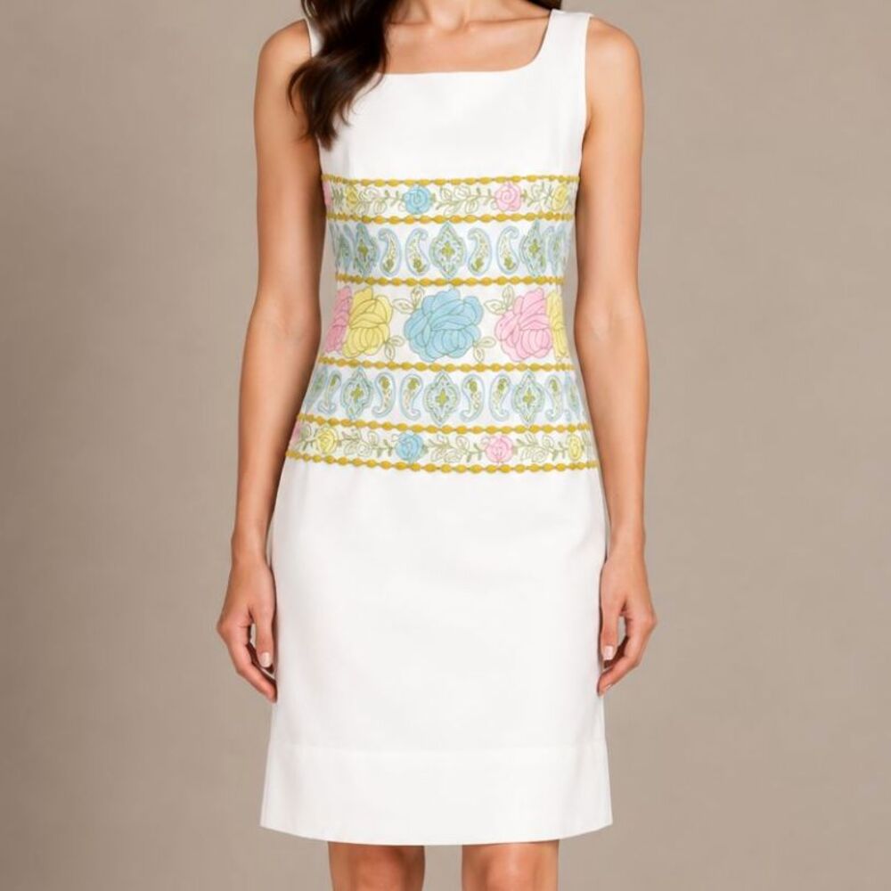 Vintage White Embroidered Shift Dress Small Floral Sleeveless Dress